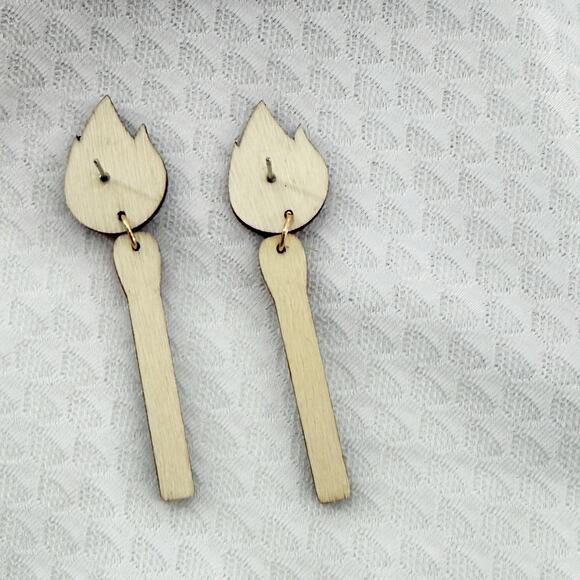 Flame Earrings: Lit Matchstick Dangle Earrings - Wooden - Picture 4 of 4